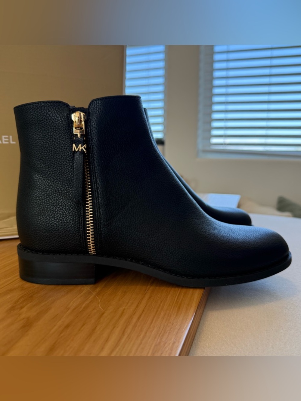 Michael Kors Britt Black Pebbled Faux Leather Ankle Boot Bootie with Gold Zipper - Picture 4 of 13